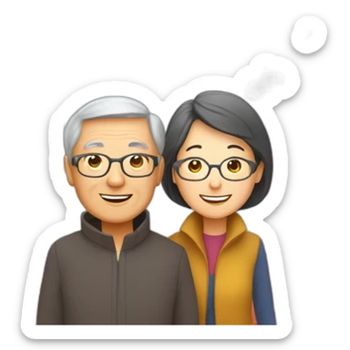 Happy skinny retired Chinese parents. Standing in a park in front of an red autumn tree sticker