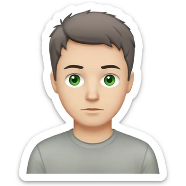 white man with dark messy short hair, dark green eyes, wearing a gray t-shirt sticker