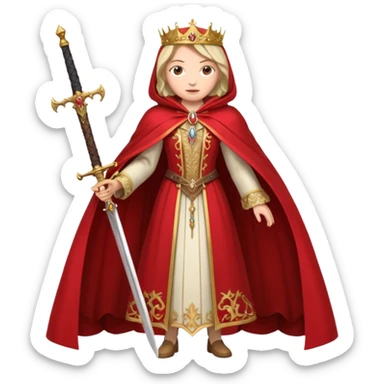 queen in a full-length red cloak holding a sword sticker