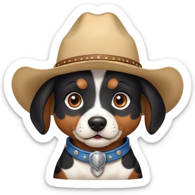 Black small Spotted dog that has brown eyes and cowboy hat  sticker