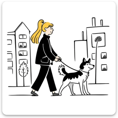 Blonde woman walking a happy Siberian husky in New York City on an upper east side city sidewalk  sticker