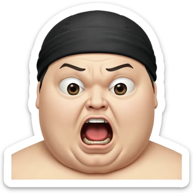 Super extreme tight close-up of just the face of morbidly obese white skin guy with young face, prominent BLACK DURAG tied clearly on head, black beard but no mustache, clean shaven upper lip, black eyes, mouth wide open screaming angrily sticker