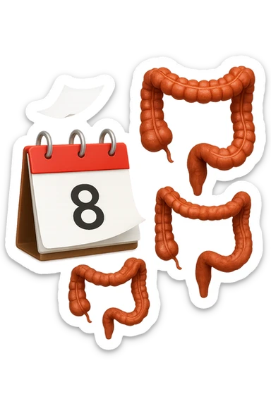 emoji stile iphone di un calendario con fogli che volano insieme a pezzi anatomici di colon umano, iperrealistico 4k, isolato su sfondo bianco sticker