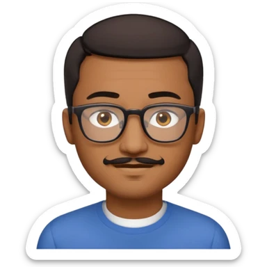 A friendly person with medium-brown skin, large warm brown eyes, thin rectangular glasses, a short mustache and small goatee, black short hair. Rounded face, calm slight smile. Head-and-shoulders emoji style, bold outlines, simple shapes, bright colors, transparent background. sticker