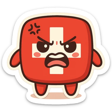 an angry Swiss flag with an expressive face, bold red and white colors, cartoon style sticker