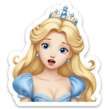 Cinematic Realistic Yawning Cinderella Portrait, showcasing lifelike porcelain skin and intricately detailed golden-blonde hair styled flawlessly as she mid-yawn reveals a moment of tender vulnerability. Her half-closed blue eyes and relaxed expression are rendered with natural, soft lighting that emphasizes the subtle textures of her face and the detailed, flowing fabric of her iconic gown. The scene glows with a cozy, authentic warmth that captures a rare, intimate moment of repose. sticker