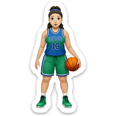full body plus size light skin latino women basketball player with wavy dark hair in pony tail wide nose wearing blue with green uniform sticker