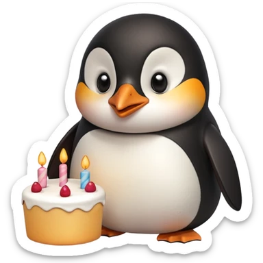A penguin standing near a cake, feeling shy from a surprise celebration, portrait, bust up sticker
