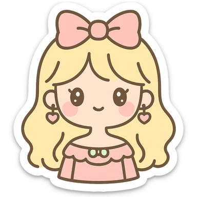 coquette girl with blonde hair, soft feminine features, pink blush, delicate accessories, gentle smile, pastel colors, cute and stylish sticker