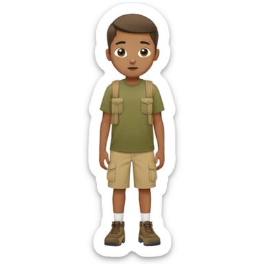 boy wearing an olive-green shirt over a brown T-shirt with beige cargo shorts sticker