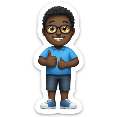 Black chubby boy with glasses smiling giving thumbs up with blue shirt that says I love God sticker