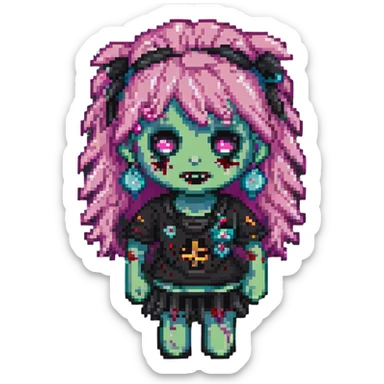 girl zombie with pink hair and bangs, pixel art style sticker