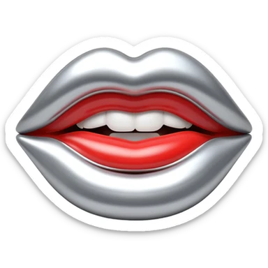 female lips emoji, smooth liquid metal chrome surface, sculpted shape, high-gloss reflections, monochrome futuristic 3D style, isolated on white sticker