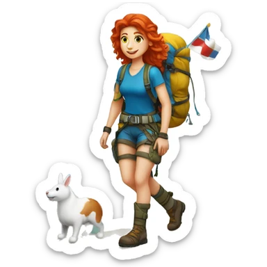 Female mountain climber red hair climbing with Greek flag on backpack and holding Easter eggs basket sticker