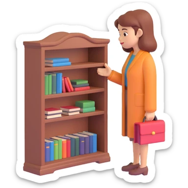 a sad woman looking at a small bookcase sticker