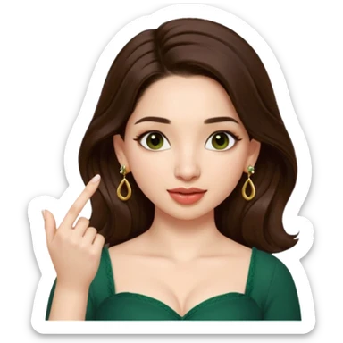 pretty bratz genmoji that looks like tamannah bhatia (bollywood actress), wearing a dark green sweetheart neckline top, dark brown hair, light makeup, no necklace, dangly earrings, SIDE hair part, fair. dark brown eyes, long hair

Show her licking her finger  sticker