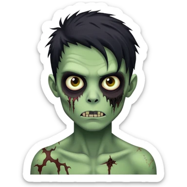 brunette zombie boy with horror green skin and long black messy hair sticker