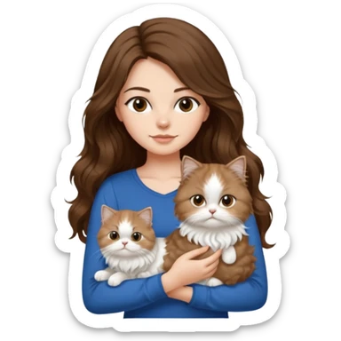 a girl with long wavy ish brown hair with a blue top and black pants holding a white persian cat  sticker