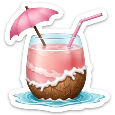 Blush pink coconut drink in a clear glass, ocean waves in background. sticker