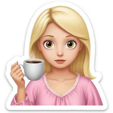 A blonde woman in a pink nightgown with wide eyes looks for coffee. sticker