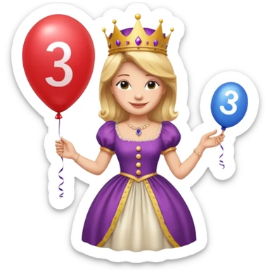 queen wearing dress, holding balloon in shape of number 3 sticker