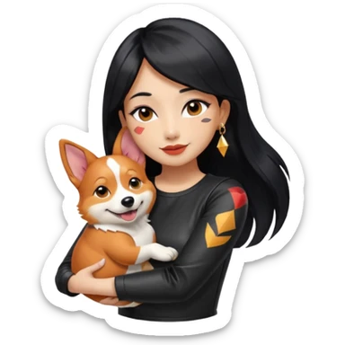 apple-style emoji of an Asian girl with long straight hair, side-swept bangs, black leather dress, gold drop earrings, bold false lashes, and a geometric 3/4 sleeve tattoo on her left arm, hugging a joyful red head tri-color corgi, simplified, emoji-like sticker