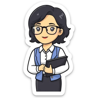 female teacher with semi-wavy black hair, light skin tone, wearing glasses sticker