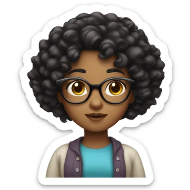 Girl with curly black hair and medium brown skin and black eyes and glasses  sticker