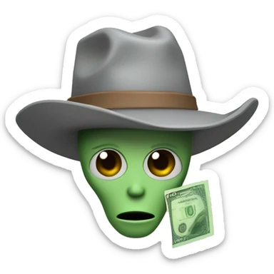 A gray alien wearing a brown cowboy hat with a green banknote on it sticker