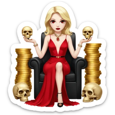 Lilith symbol red eye seductress evil shoulder length blonde haired sexy succubus woman with Gucci  long dress with slit, sitting on of gold and diamonds. Black Platform high heels on feet. seat full of stacks of cash,  dead human skull of her enemies in her other hand sticker