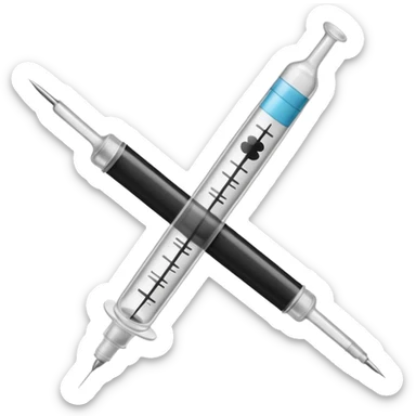Minimalist emoji-style sticker of a medical syringe with a black tape X across it. Symbol of silence. Desaturated tones.
 sticker