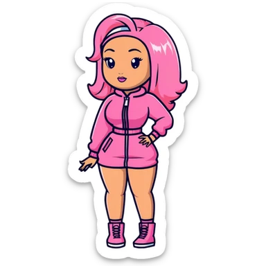 Nicki Minaj wearing a pink outfit with blonde and pink hair sticker