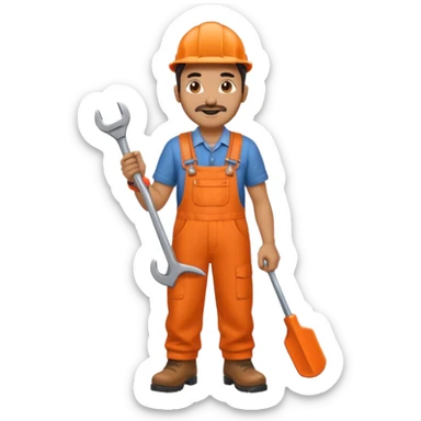 Indian male railway engineer orange overalls, boots holding a spanner sticker