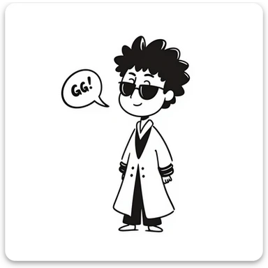 chibi Aizen from Bleach, confident expression, 'GG' in a speech bubble, white captain's robe, brown hair, glasses, hands behind back, chibi style, cute and clever sticker