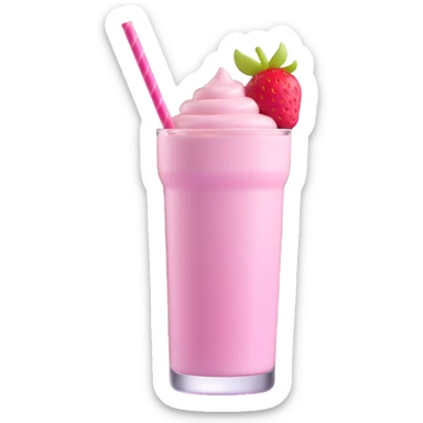 3D style strawberry milkshake with pink hue and cherry on top, tall glass, striped straw, retro diner style sticker