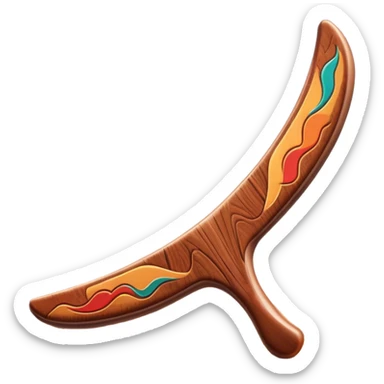 Cinematic Realistic image of a classic boomerang, rendered with detailed wood grain textures and vibrant colors, set against a sunlit outback landscape that emphasizes its iconic Australian heritage sticker