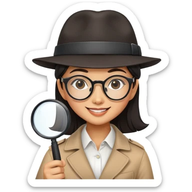 asian girl with large square rectangular black glasses smiling and wearing a detective hat holding a magnifying glass sticker