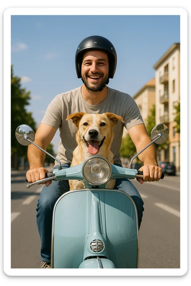 man and his pet dog riding a vespa sticker
