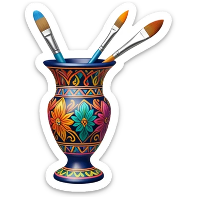 Metal painting icon, fine paintbrush painting a detailed metal statuette or vase with bright, vivid colors, visible strokes and intricate patterns, no finished artwork, just the painting process, minimalistic style, clean lines, transparent background. sticker