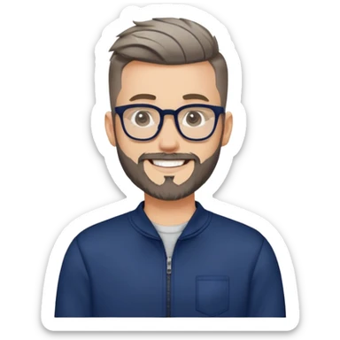Fair-skinned man with fade haircut (extremely short on sides, slightly longer on top), short salt and pepper beard, large black-framed glasses, smiling, wearing navy blue long sleeve zip sweatshirt sticker