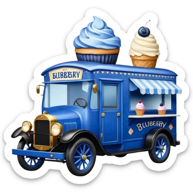 shiny-dark-blue crystal-bodied frozen blueberry muffin, pie, and ice cream, 1912 antique long-wheelbase cab over durable-looking food truck  sticker