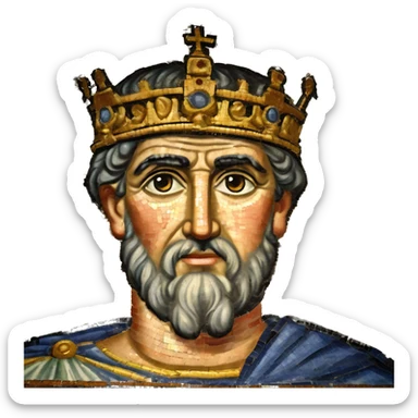 Emperor Justinian with byzantine crown - base his appearance on the Ravenna mosaic of him in San Vitale - see https://en.wikipedia.org/wiki/Justinian_I#/media/File:Mosaic_of_Justinianus_I_-_Basilica_San_Vitale_(Ravenna).jpg  sticker