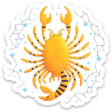 emoji-style scorpion with the Scorpio constellation overlaid on top, constellation stars and connecting lines are white and glowing, dark background sticker