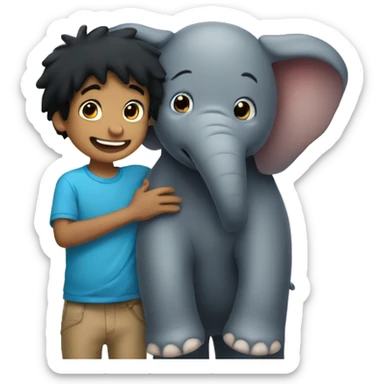 Boy with black hair hugs an smiling elefant sticker