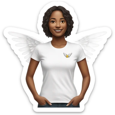 womans white t shirt with small drawing of wings on the front sticker