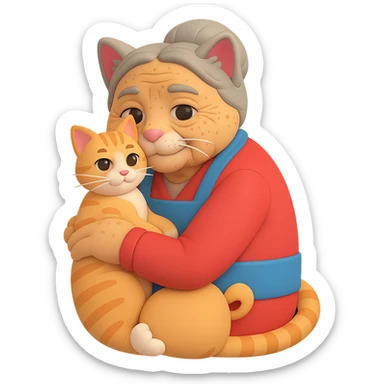 Make the grandmother look older with more wrinkles, gray hair, and age spots in a 3D emoji style. She is holding one cat. The background should be transparent with no background. sticker