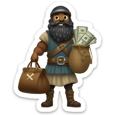 Viking black beard carrying overloaded bag with money sticker