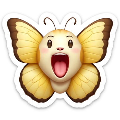 Cinematic Adorable Yawning Butterfly Portrait Emoji, Head tilted slightly with a dramatic, wide-open yawn, showcasing a delicate, softly fluttering body with gently drooping wings and sleepy, half-closed eyes, Simplified yet irresistibly cute features, highly detailed, glowing with a soft, cozy luminescence, high shine, relaxed yet expressive, stylized with a dash of whimsical floral charm, soft glowing outline, capturing the essence of a drowsy butterfly that appears ready to rest its wings for a nap! sticker