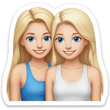 Two girls both have long blonde hair posing cheek to cheek one girl wearing a white shirt and the other girl is wearing a tank top both girls have beautiful blue eyes and a gorgeous smile with white teeth sticker