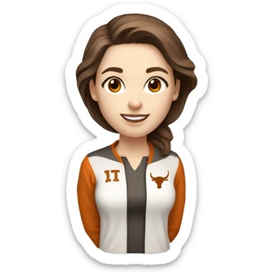 Brown hair, pale skin, woman. Wearing University of Texas Longhorn clothes sticker